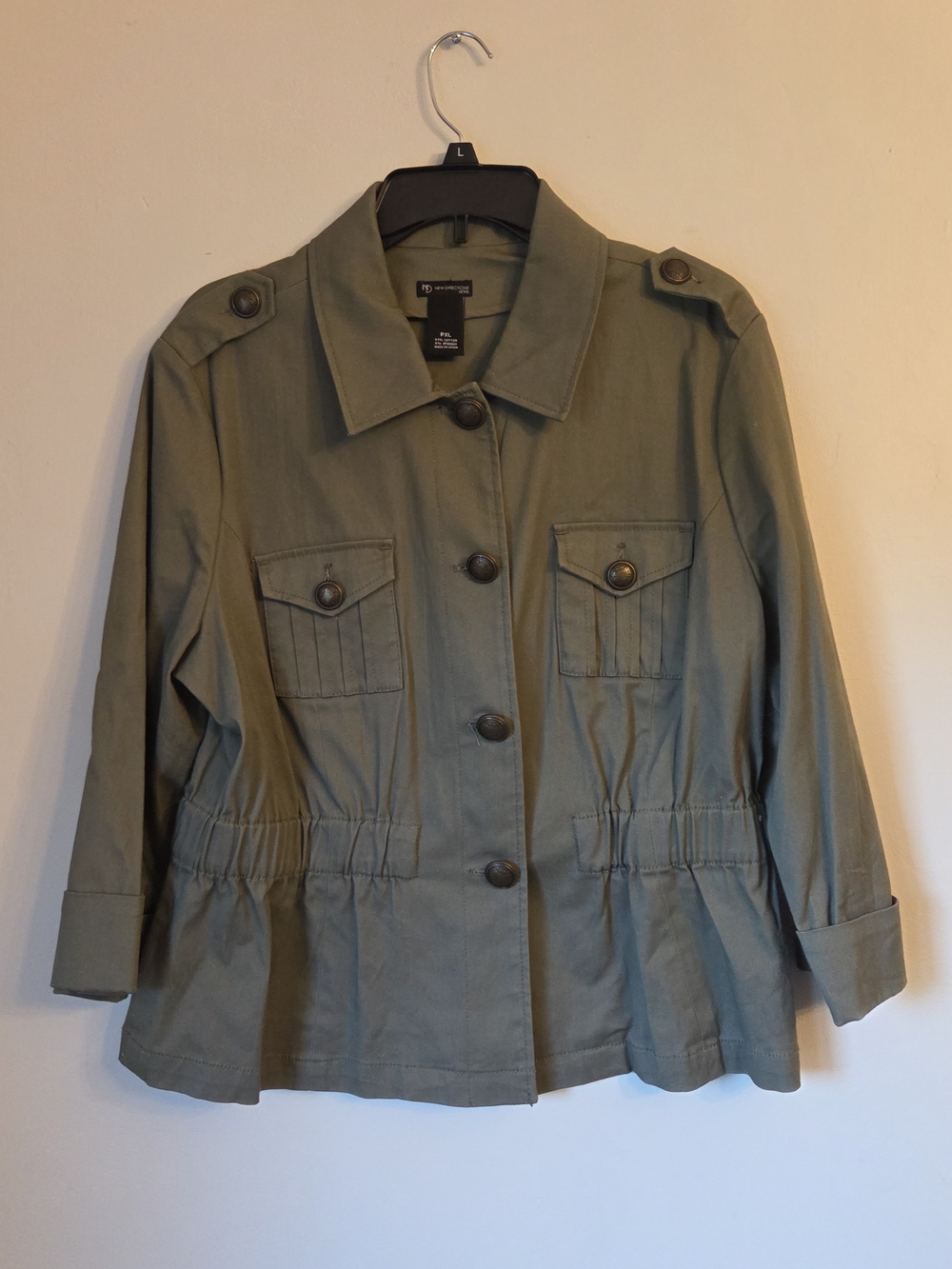 New Directions Olive Green Utility Jacket PXL Cotton Button Front Pockets